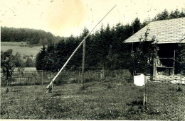 Hofstelle Holzblockhaus Haus von Rocky Tocky mit ungarischem Ziehbrunnen und der noch sichtbaren Ruine (an dem Waldende unterhalb der Bahnlinie am linken Bildrand) des Heimathofs im "Niemandsland" um 1949
